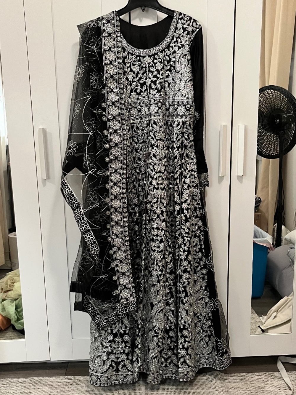 black silver long dress, pakistani indian dress